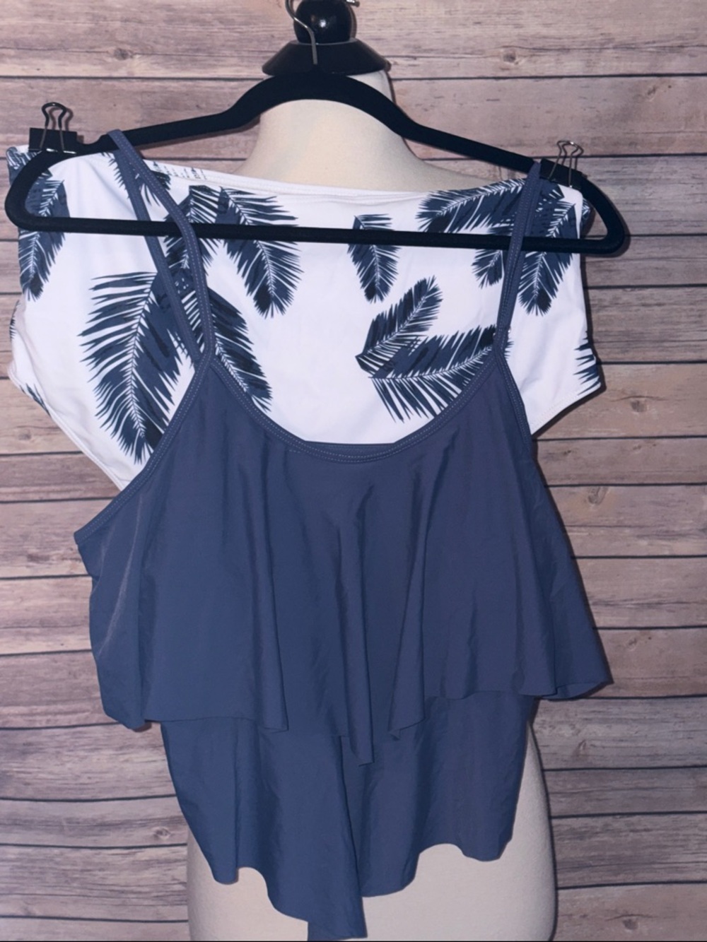 Navy Blue Layered Swim Top with Palm Print Bottoms